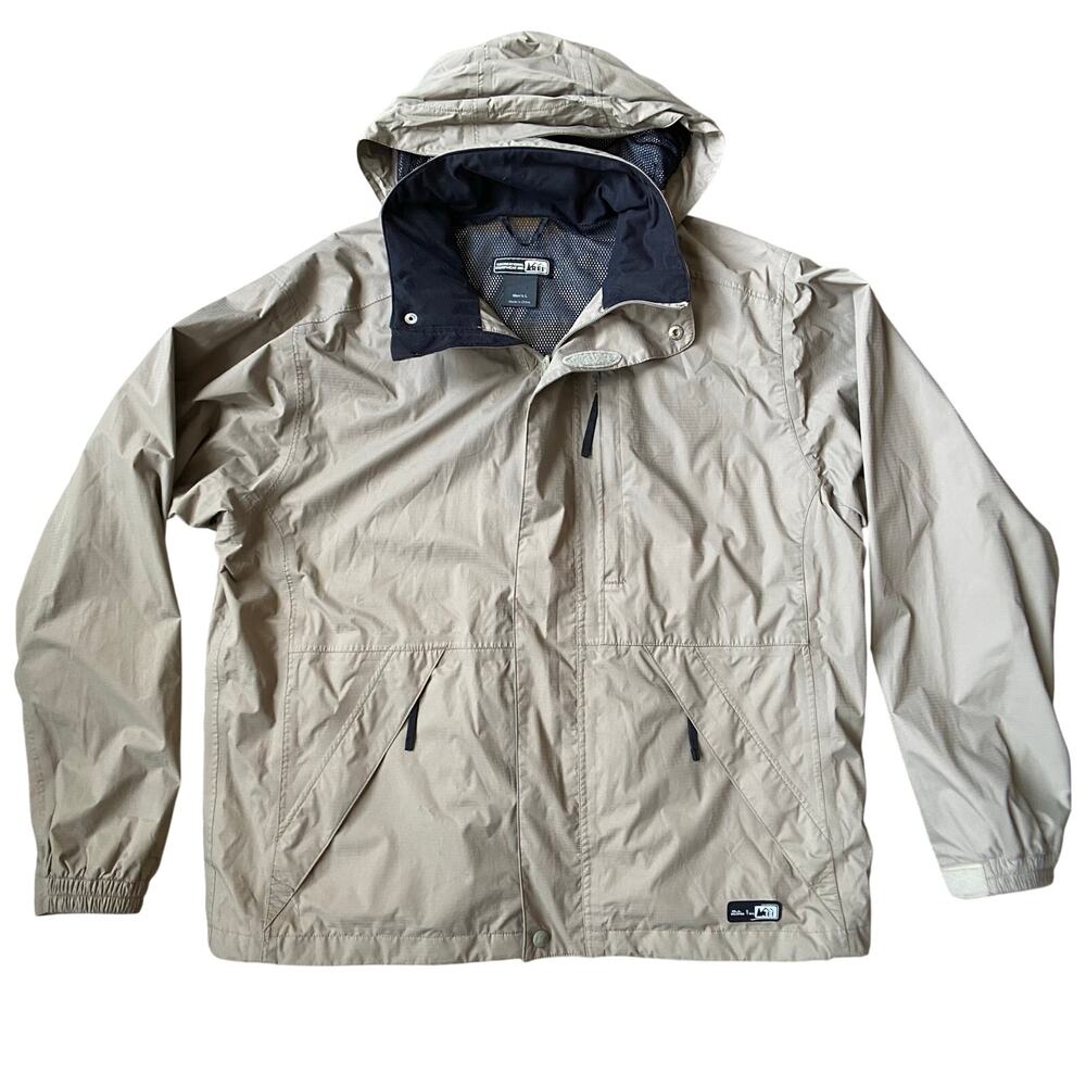 REI Element Rain Jacket Brown Mesh Lined Retractable Hood Vintage